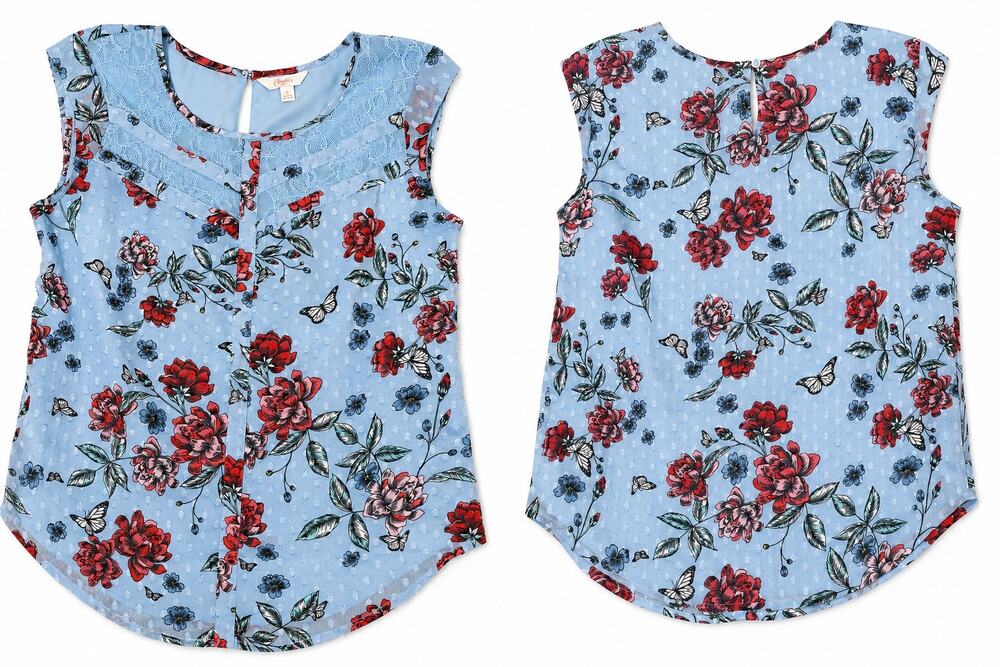Candie’s Floral Lace Blue Butterfly Blouse Women’s Small Sleeveless Top